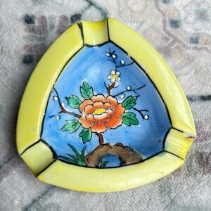 Vintage Hand Painted Floral Ashtray Made in Japan 3” Trinket Dish Yellow Blue